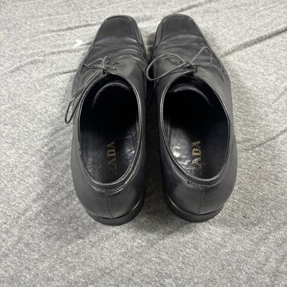 PRADA Oxford Dress Shoes Men\'s 9 Black Leather Square Apron Toe Derby Lace Up